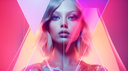 Fototapeta premium Woman face concept poster. Beautiful girl face creative abstract banner. Graphic design photorealistic style. Style of realistic glamour fashion photography. Digital illustration. AI artwork. 