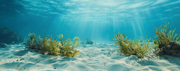 Fototapeta premium Underwater background with a clear view of a sandy seabed and small marine plants.