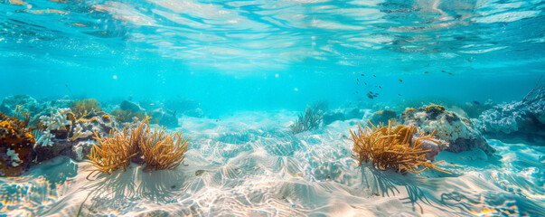 Fototapeta premium Underwater background with a clear view of a sandy seabed and small marine plants.