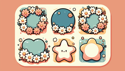 A delightful collection of kawaii floral frames featuring cute, smiling flowers and leaves in pastel colors. Perfect for invitations, greeting cards, and scrapbook designs, these adorable illustration