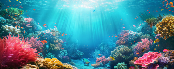 Naklejka premium Underwater background with a colorful coral garden and vibrant reef fish.