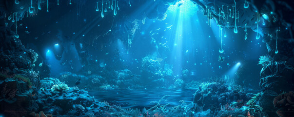 Obraz premium Underwater background with a crystal-clear cave filled with bioluminescent creatures.