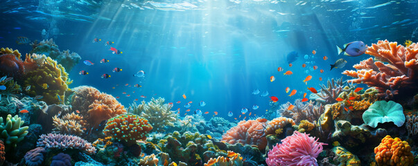 Underwater background with a lively coral reef and an array of colorful sea creatures.