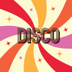 Vector disco black 3d font on  colorful vintage sunburst. For posters,  sale banners and cards