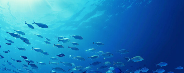 Fototapeta premium Underwater background with a school of fish swimming against a gradient blue sea.