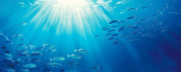 Underwater background with a school of fish swimming against a gradient blue sea.