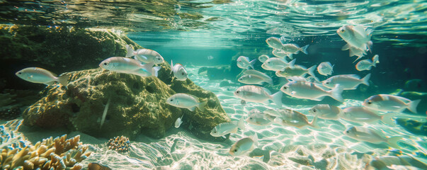 Underwater background with a school of fish swimming through crystal-clear water.