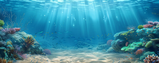 Underwater background with a sandy seabed, coral outcroppings, and small fish.