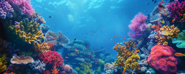 Underwater background with a stunning coral reef wall teeming with life.