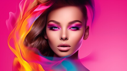 Woman face concept poster. Beautiful girl face creative abstract banner. Graphic design photorealistic style. Style of realistic glamour fashion photography. Digital illustration. AI artwork.	