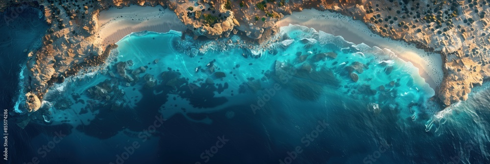 Wall mural Rocky tropical shore with green bushes is washed by waves with clear turquoise and blue water. Banner with copy space. Wide natural landscape, serene picturesque landscape. Travel and nature concept