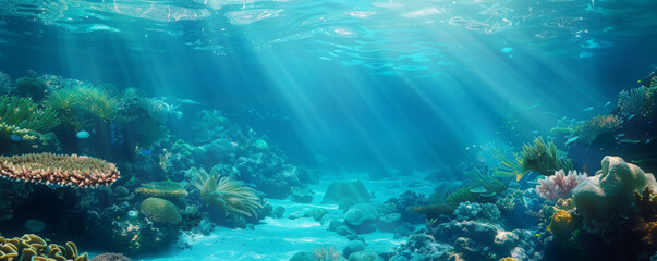 Obraz premium Underwater background with a tranquil, turquoise lagoon and coral formations.