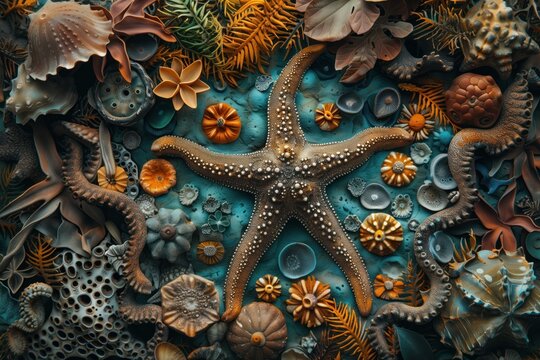 Various colorful starfish, corals, algae and shells on turquoise surface, flat lay, top view. Concept for marine design and background, reflecting vibrant underwater life