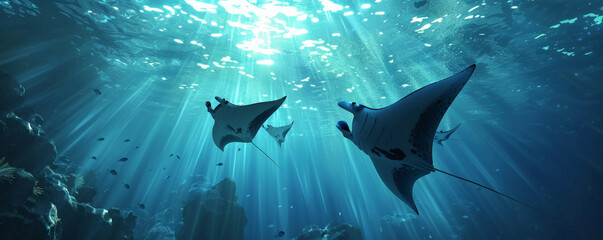 Underwater background with large, graceful manta rays gliding in open water.