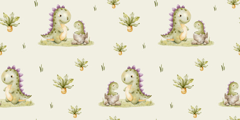 Mommy and baby dinosaurs, Palm trees. Childish background of tyrannosaurus rex. Print with dinos. Watercolor seamless pattern for design kid's goods, fabric, scrapbook, office supplies © Fedulova_art