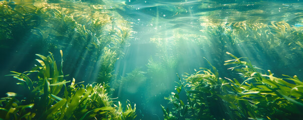Obraz premium Underwater background with lush, green seaweed swaying in the current.