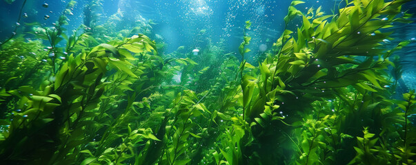 Obraz premium Underwater background with lush, green seaweed swaying in the current.
