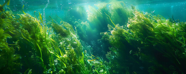 Obraz premium Underwater background with lush, green seaweed swaying in the current.