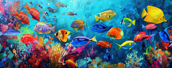 Fototapeta premium Underwater background with schools of tropical fish in every color of the rainbow.