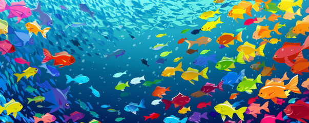 Naklejka premium Underwater background with schools of tropical fish in every color of the rainbow.