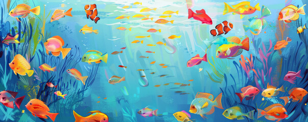 Underwater background with schools of tropical fish in every color of the rainbow.
