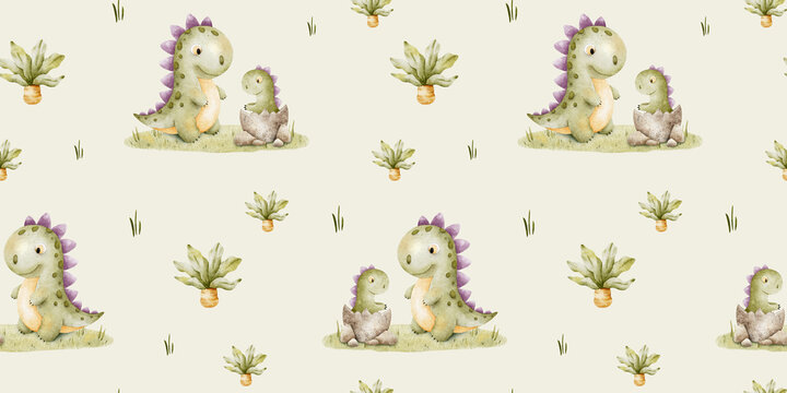 Fototapeta Mommy and baby dinosaurs, Palm trees. Childish background of tyrannosaurus rex. Print with dinos. Watercolor seamless pattern for design kid's goods, fabric, scrapbook, office supplies