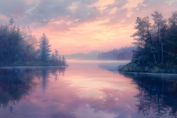 Illustration of serene dawn setting with gentle pastel hues of sky blend with calm, reflective waters of still lake.