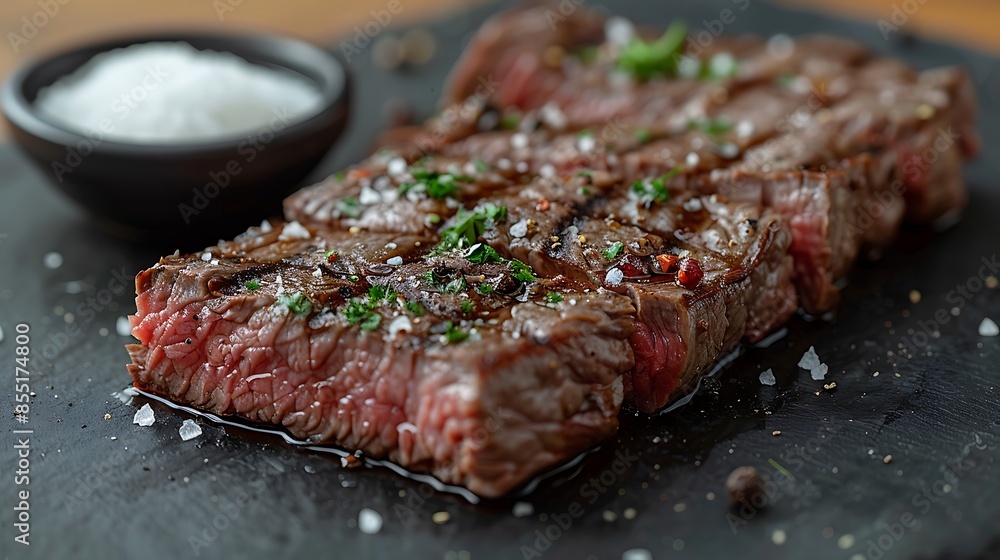 Wall mural a close-up shot of a skirt steak garnished with coarse sea salt and cracked black pepper, highlighti