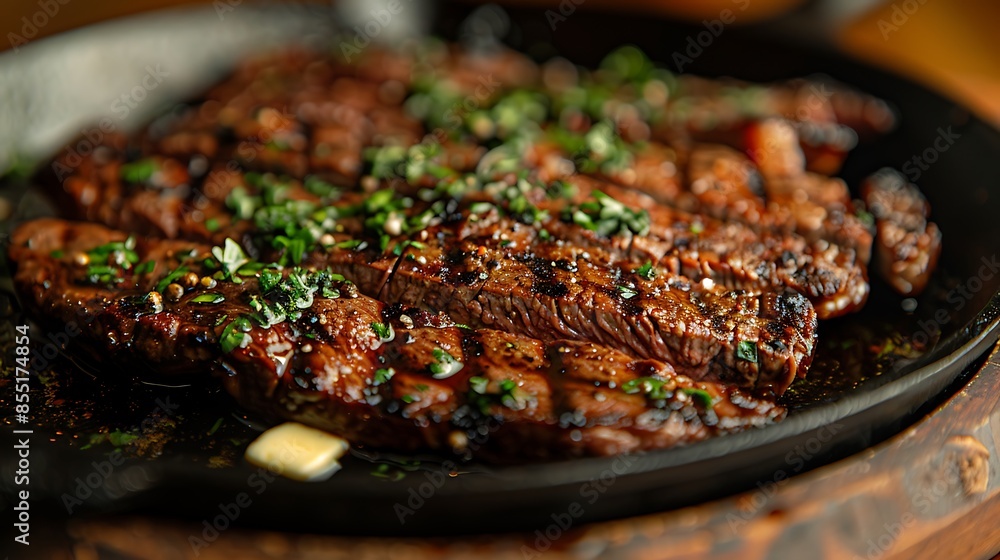 Wall mural A close-up shot of a skirt steak on a cast iron skillet, with butter and herbs sizzling around it, highlighting the fibrous texture and perfect sear, the skillet adding a rustic touch. - Wall murals