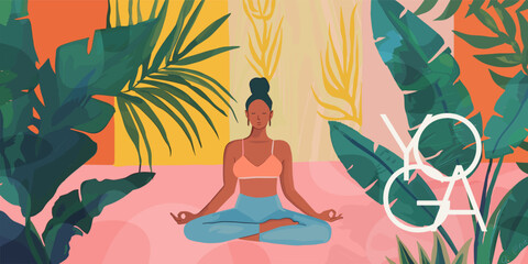 Yoga, meditation, stretching and Pilates. Vector cute illustration of woman in lotus position exercising in studio with tropical plants for banner, background, poster or flyer