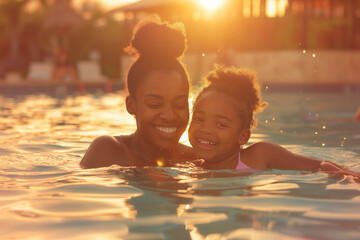 Mother and Daughter Swimming at Sunset