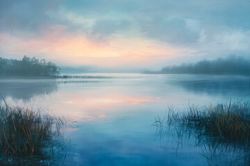 Illustration of tranquil morning with soft pastel sky merges with serene surface of motionless lake, epitomizing moment of peaceful isolation.