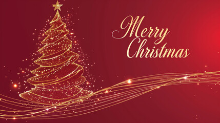 copy space, luxury happy merry christmas card with golden glitter line drawing of an elegant christmas tree, red background, text " Merry Christmas". Christmas greeting card, elegant, expensive design
