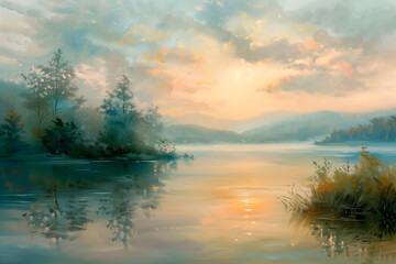 Illustration of calm dawn landscape where sky's soft pastel colors gracefully reflect off waters of lake symbolizing peaceful solitude.