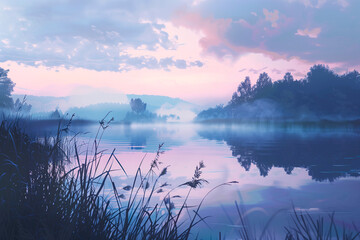 Illustration of quiet solitude is encapsulated in stillness of lake at dawn with sky above painted in gentle pastel shades.