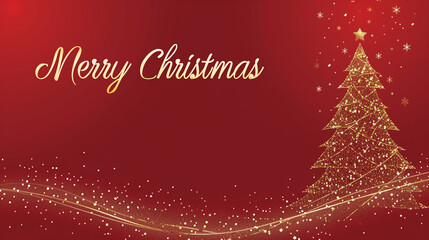 copy space, luxury happy merry christmas card with golden glitter line drawing of an elegant christmas tree, red background, text " Merry Christmas". Christmas greeting card, elegant, expensive design