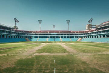 A deserted cricket stadium, with the pitch prepared for an exciting match. 