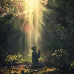 Fototapeta premium Man kneeling in a beautiful garden with a beam of light over his head, symbolizing divine presence. Perfect for themes of faith, spirituality, and devotion.