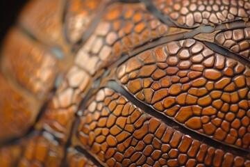 A close-up shot of the detailed design on a basketball, showcasing the texture and pattern of the ball. The image highlights the intricate lines and shapes that make up the ball's surface.