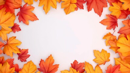 A frame of orange and yellow autumn maple leaves isolated on white background.