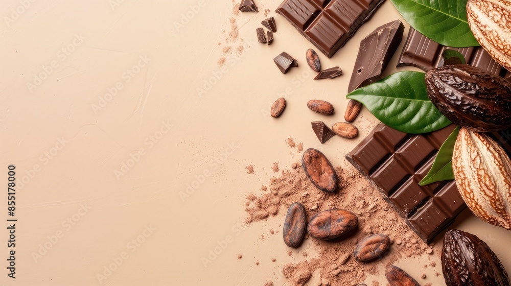 Poster cocoa pods and chocolate flat lay on beige background with text space