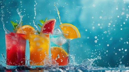 Vibrant display of three glasses of fruit-infused beverages with ice, garnished with slices of orange, grapefruit, and lemon