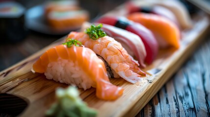 a wooden plate topped with sushi and vegetables on top of a table