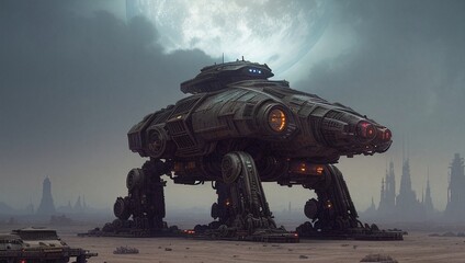 a sci-fi vehicle in a desert setting with a giant moon in the background