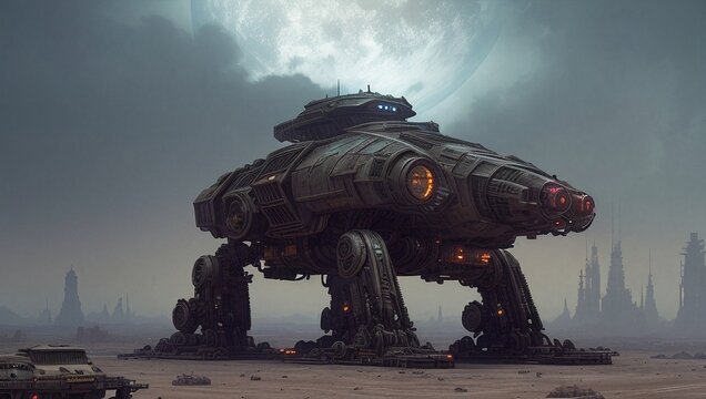 a sci-fi vehicle in a desert setting with a giant moon in the background