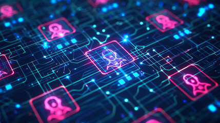 Futuristic identity theft with glowing digital profiles, top view, compromised personal information, cybernetic tone, vivid.