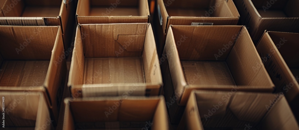 Aufkleber empty cardboard boxes arranged in a warehouse. empty cardboard boxes neatly arranged in rows inside 