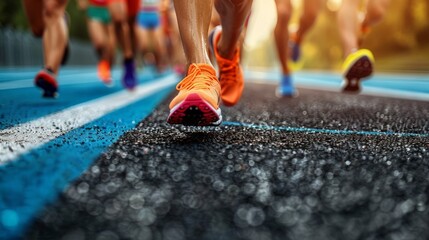 Female athletes running race on the track. sweaty and excited runner