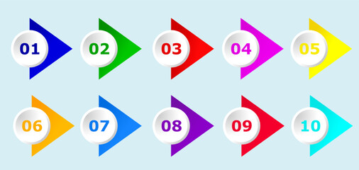 colorful bullet numbers or points from 1 to 10 for infographics, web, app, presentation etc use. vector bullet points.