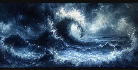 Blue and White Wave Triptych